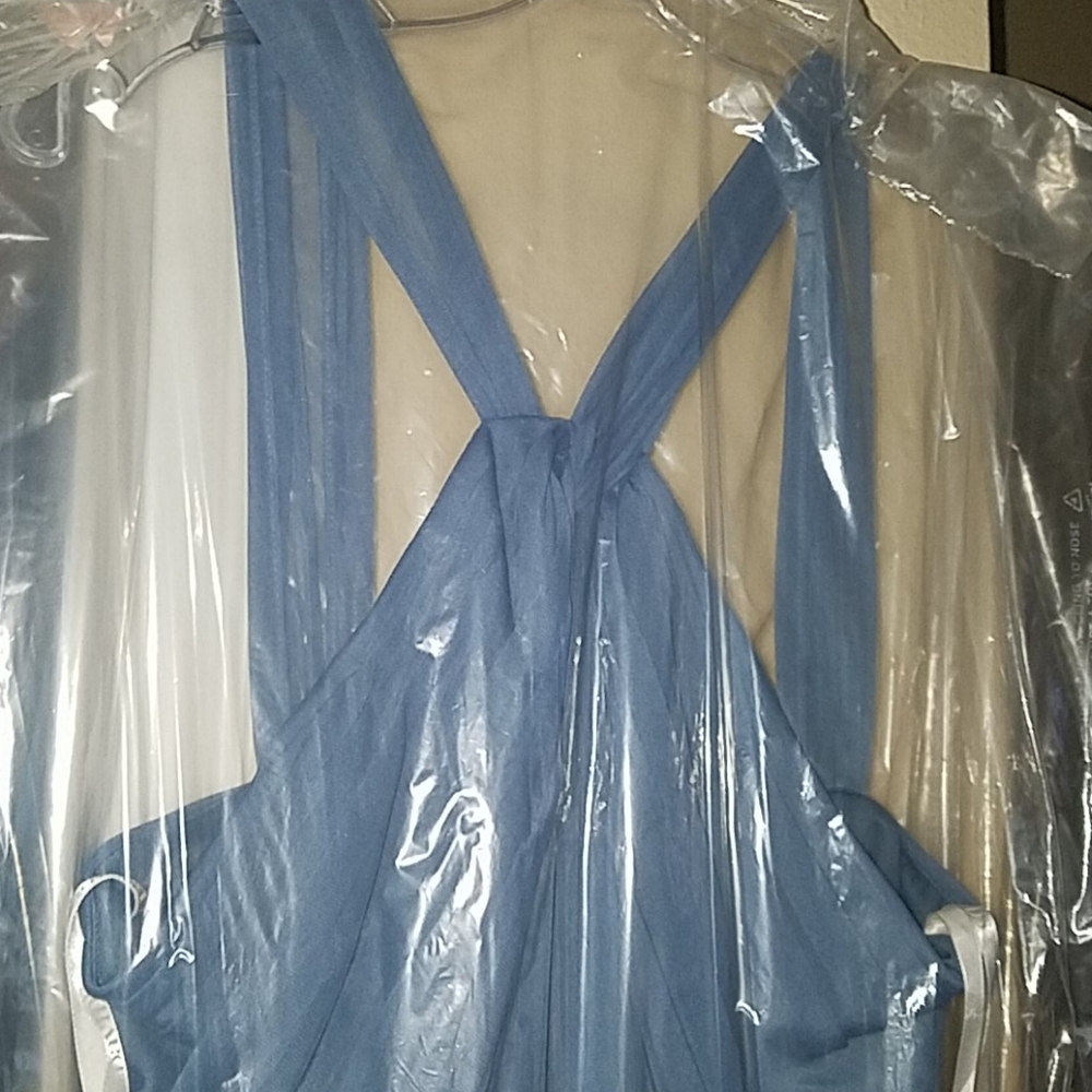 Bridesmaid Y neck long mesh dress steel blue